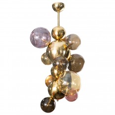 Vertical brass chandelier with multicolor shades